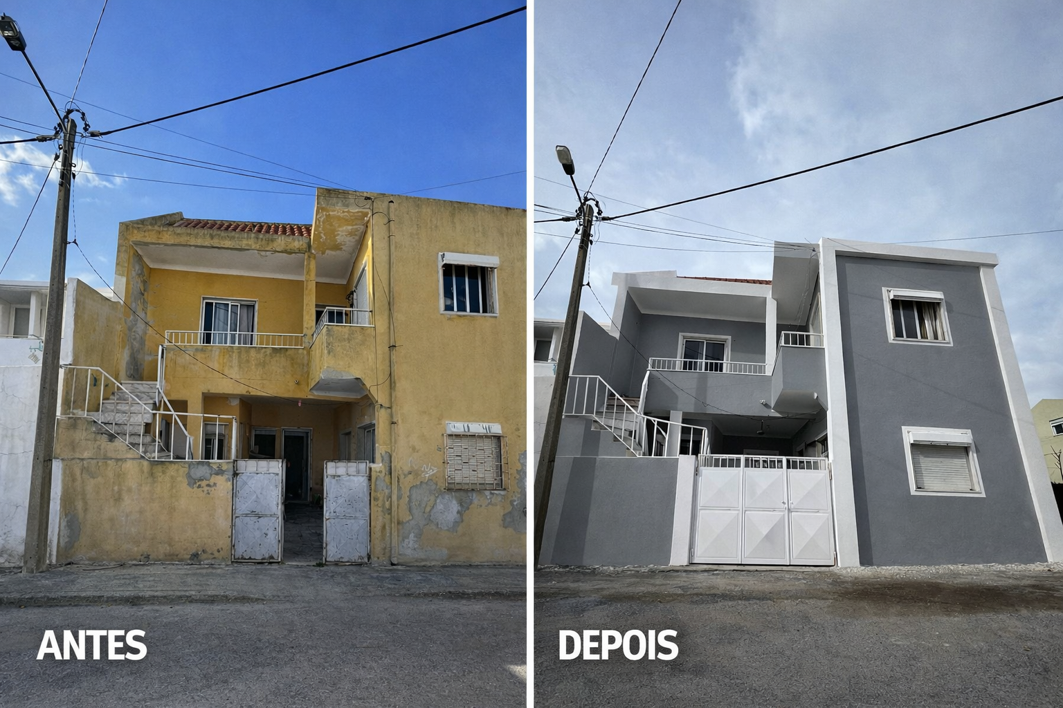 Comparação antes e depois de uma fachada renovada